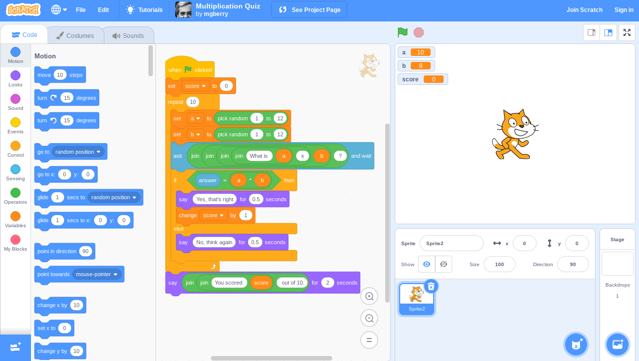 the Scratch programming environment with an example maths quiz game