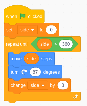 Scratch program for a roughly square based spiral figure