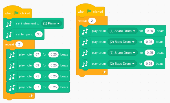 parallel Scratch scripts for the first two bars of Frere Jacques, accompanied by percussion