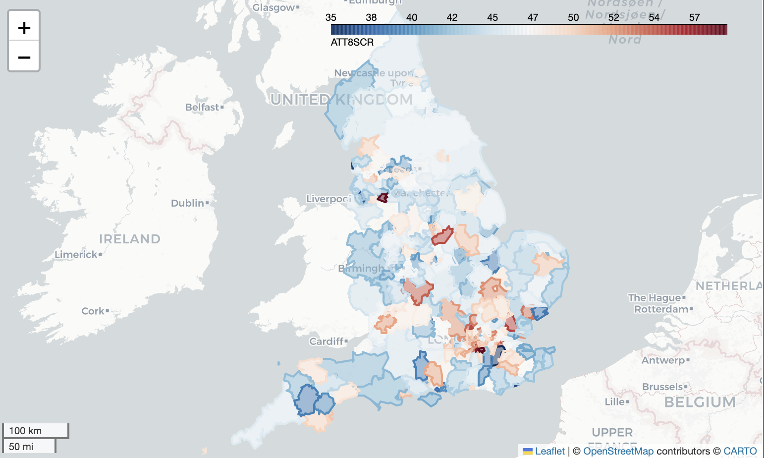 Chart: choropleth map of England coloured by weighted average Attainment 8 score by local authority district